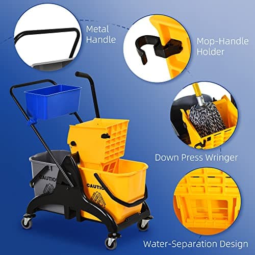 HOMCOM 2 x 6.9 Gallon Mop Water Bucket Wringer Cart with Easy to Use Side Press Wringer, Smooth Wheels, Mop-Handle Holder 5