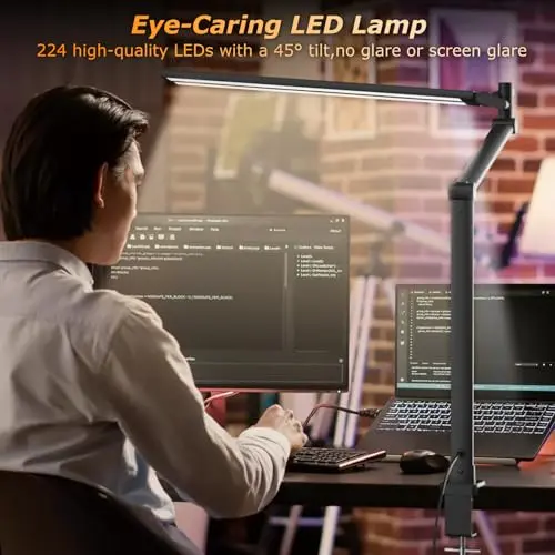 LED Desk Lamp for Home Office, Eye Caring Architect Desk Light with Remote, Dual Screen Computer Monitor Light with Stepless Dimming, Stepless Color Temp, Memory Function for Study, Workbench Black 6