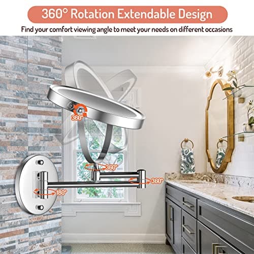 Rocollos Rechargeable Wall Mounted Lighted Makeup Mirror Chrome, 8 Inch Double-Sided LED Vanity Mirror 1X/10X Magnification,3 Color Lights Touch Screen Dimmable 360°Swivel 13 Inch Extendable 5