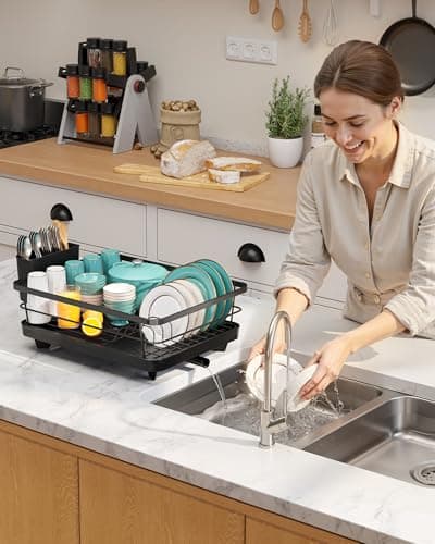 Sakugi Stainless Steel Dish Drying Rack for Kitchen Counter, Sink Organization and Storage Essentials with Silverware & Utensil Holder, Home and Apartment Decor, 12''W x 15.5''L, Black 9