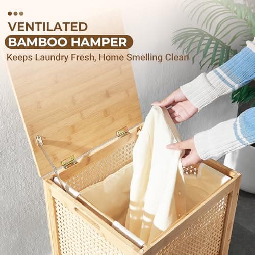 TIOPGHAD Bamboo-Laundry-Hamper-Wicker-Basket-with-lid Large Wood Laundry Hampers Basket Bin Storage Organizer for Dirty Clothes, Laundry Room, Bathroom, Bedroom, Living Room, Home Decor(13Gallon/50L) 6