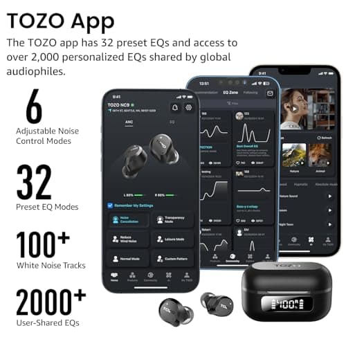 TOZO NC9 Hybrid Active Noise Cancelling Wireless Earbuds, 6 Mics ENC Clear Call, IPX8 Waterproof, in Ear Bluetooth 5.3 Headphones Stereo Bass Ear Buds 60H Playtime with LED Display 32 EQs via APP 6