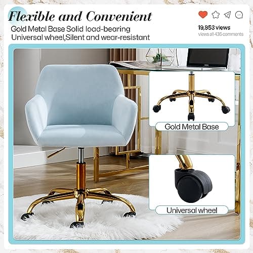 Homedraft Faux Fur 360°Swivel Desk Chair, Modern Height Adjustable Home Office Armchair with Golden Base for Teens Women Girls, Upholstery Computer Chair, Velvet & Light Blue 6