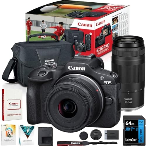Canon EOS R100 Mirrorless Camera Two Lens Bundle 24.1MP 4K APS-C Beginner Camera Kit with RF-S 18-45mm + RF 75-300mm Lenses, 64GB Memory Card & Photo Editing Software