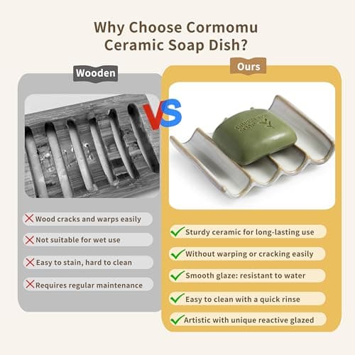 Cormomu Soap Dish with Self Drain Fluted Design, Bar Soap Holder for Bathroom, Japanese Soap Tray for Shower, Bathroom and Kitchen Sink Organizer, Ceramic Soap Saver, White 7