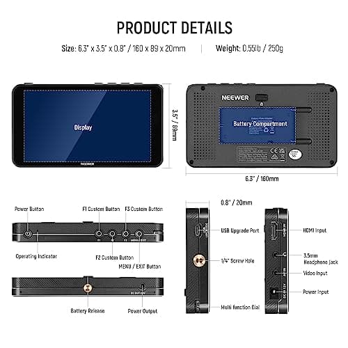 NEEWER F400 PRO 6 Inch Camera Field Monitor, Waveform, Vector Scope, Full HD 1920x1080 IPS 4K HDMI Input DSLR Video Peaking Focus Assist, DC Input Output, Tilt Arm, F550 Battery & Charger Included 8