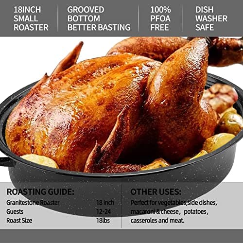 Granite Roasting Pan, 18” Enameled Roasting Pan with Domed Lid. Oval Turkey Roaster Pot, Broiler Pan Great for Turkey, Chicken, Lamb, Vegetable. Dishwasher Safe Cookware Fit for 18Lb Turkey by Kendane 5