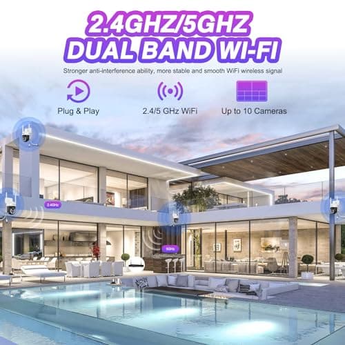 CKK [5G/2.4G WiFi, Upgrading 3K] 2Pcs Wireless Outdoor Security, CCTV PTZ Cameras with 5G/2.4G WiFi,3K 10-Channel NVR,Floodlights,Siren, 2-Way Audio, Color Night Vision, 24/7 Surveillance 5
