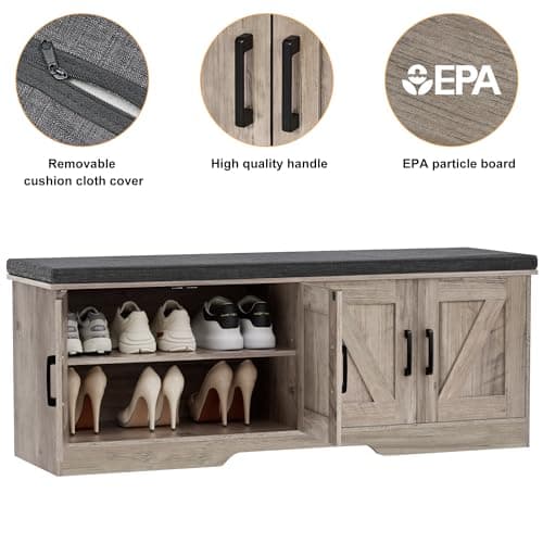 HOMSHO 2-Tier Storage Bench, 47.2" Wide Shoe Bench with Padded Seat Cushion, Entryway Bench with 4 Barn Doors and Adjustable Shelf, Greige 8