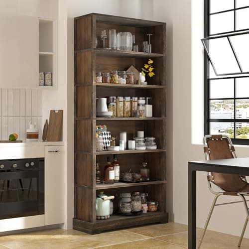 TVU 6-Tier Wooden Book Shelf, Floor-Standing Display Bookcase, 77.2" H x 31.5" W x 11" D Bookshelf, Farmhouse Style Book Case with Arched Base, Suitable for Living Room, Study, Office, Rustic Brown 7