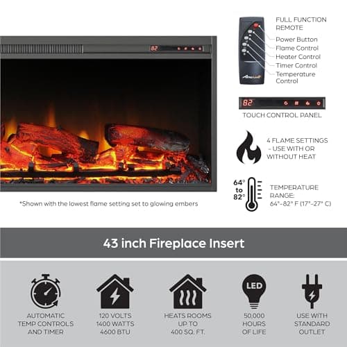 Ameriwood Home Mateo 53.5 Inch Electric Fireplace with Mantel, Replaceable Fireplace Insert Heater, Remote Control, Timer, Realistic Log and Flame Effect, for The Living Room or Bedroom, Ivory Oak 8