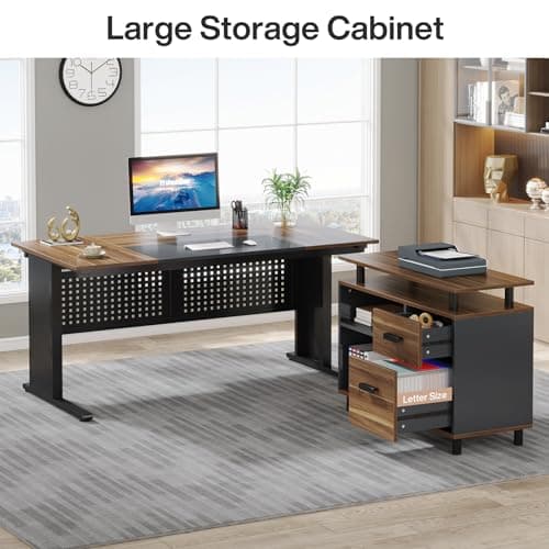 Tribesigns 63 Inch Executive Desk with File Cabinet, Large Office Desk L Shaped Computer Desk with Drawers and Storage Shelves, Business Furniture Desk Workstation for Home Office, Brown and Black 7