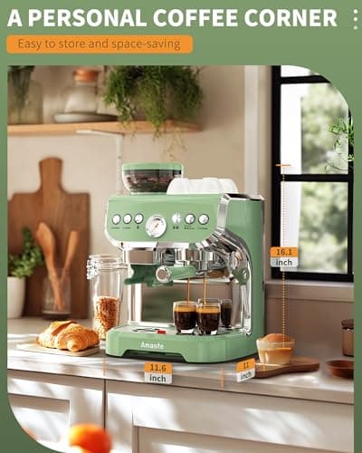 Amaste Espresso Machine with Grinder, 15 Bar Espresso Machine with Steam Wand for Latte and Cappuccino, 68Oz Water Tank, Pre-Infuse Brewing, Espresso Coffee Maker for Home Use, Barista Kit, Green 6