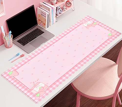 Cute Pink Plaid Desk Mats Strawberry Milk Gaming Desk Pad, Kawaii Extended Mouse Pad Kawaii Large Keyboard Mats XXL, Laptop Mat for Desk, Desktop Mat Mousepad Office Decor for Women 31.5"x15.75" 6