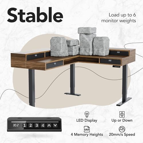 HUANUO 65.5" × 57.6" Electric L Shaped Standing Desk with 6 Storage Drawers, 2-Tier Corner Sit Stand Desk with Power Strip Tray & Cable Grommets, Height Adjustable Computer Gaming Table, Walnut 8