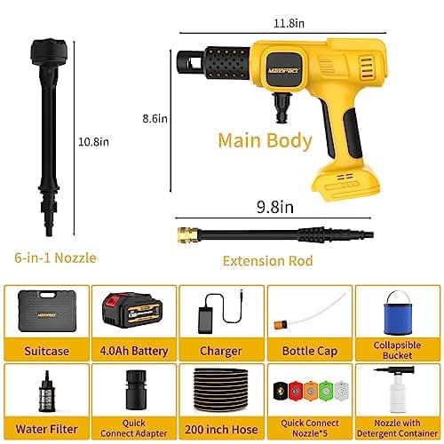 MAXIPACT Cordless Pressure Washer, Max-1080PSI Portable Power Washer with LCD Touch Screen, 4 Speed Adjustment, 4.0Ah Battery Pressure Washer with 6 in 1 Nozzle, Cordless Power Washer Washing Car 7