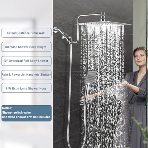 10" Rainfall Shower Head with Handheld Combo High Pressure, Upgrade 12" Extension Arm Height Adjustable, Powerful Stainless Steel Shower Head Brass Shower Holder Extra Long Shower Hose, Brushed Nickel 7