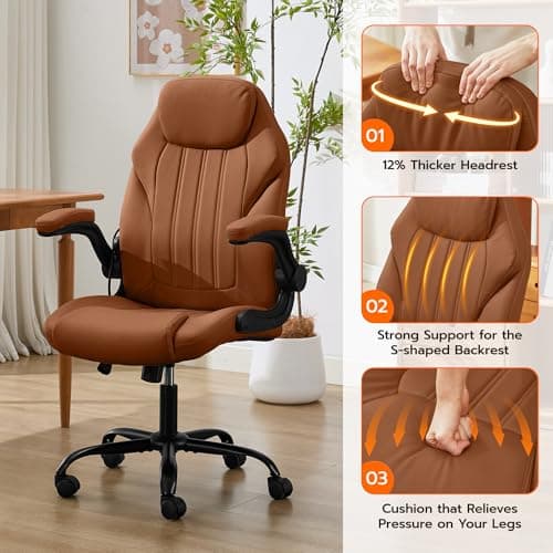 Office Desk Chair, Ergonomic Computer Chair with Padded Flip-Up Arms and Adjustable Lumbar Support, PU Leather Executive Chair with Tilt Lock and 360° Swivel Rolling Wheels for Work, Study 7