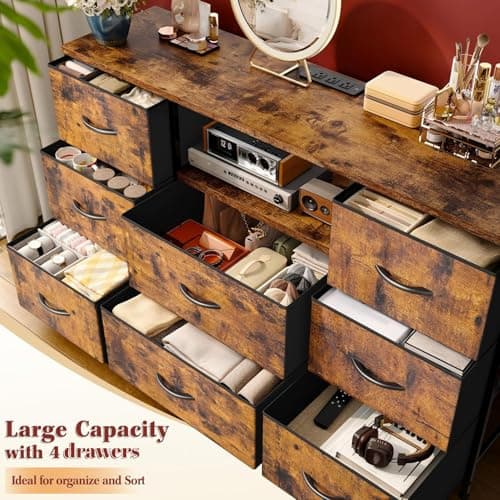 Dresser for Bedroom with Charging Station, 8 Drawers Dressers & Chests of Drawers for 50 55 inch TV, Dresser TV Stand for Bedroom, Fabric Dresser with Open Shelves for Living Room Hallway, Brown 5