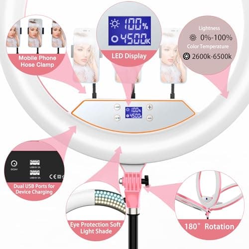 22"Ring Light with Stand,Ring Light Tripod for iPhone ipad,with 75"Tripod/LCD Display/4 ipad iPhone Clips/2 USB Ports,2600K-6500K Color Temperature,for Barber Makeup Tattoo TikTok Video Recording Vlog 5