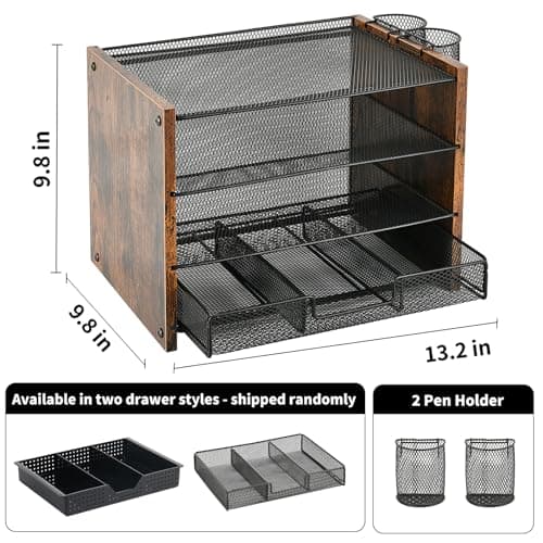 OPNCIE Desk Organizer and Accessories, 4-Tier Paper Letter Tray File Organizer with Drawer & 2 Pen Holder, Office Desk Accessories Workspace Desktop Organizer for Office Supplies(Brown) 5