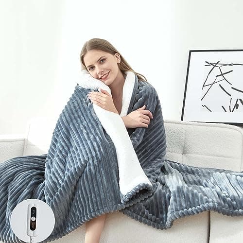 SNUGSUN Electric Heated Blanket Twin Size, Soft and Cozy Thickened Stripe Flannel and Sherpa Electric Blanket for Bed, Automatic Safety System 6 Heating Levels & 10 Hours Auto-Off, 62"x84",Dark Grey