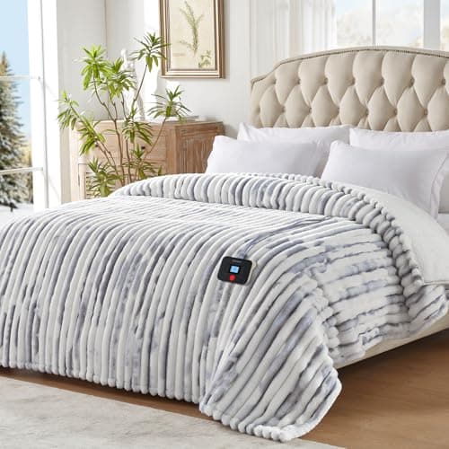 Westinghouse Electric Blanket Full Size, Super Cozy Luxury Faux Fur & Sherpa Heated Blanket with 10 Heating Levels & 1-12 Hours Auto Off, Fast Heating Blanket, Machine Washable, 80x 84 Inch Blue Gray