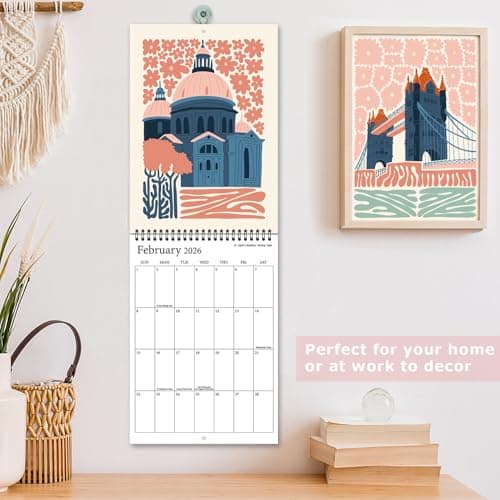 2026 Wall Calendar Art Floral, Aesthetic 18 Months Wall Calendar from January 2026 - June 2027, Unique World Travel Modern Hanging Monthly Calendar for Home Office Decor, 8.2" x 23" Open 5