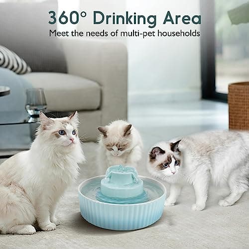 Lawfery Ceramic Cat Water Fountain, 2.1L/71oz Cat Fountain with 3 Carbon Filters and 2 Quiet Pumps, Cupcake Pet Water Dispenser for Cats and Dogs (Light Blue) 5