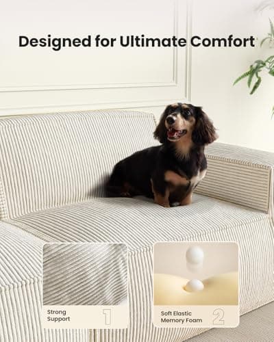 Amada 80" L Shaped Sofa Modular, Corduroy Clopud Couches with Deep Seats &High-Back, Upholstered Couches for Living Room Bedroom with Ottoman, No Assembly Required(2-Seater&1 Ottoman,Beige White) 5
