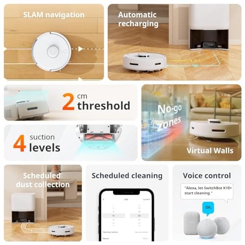 SwitchBot Mini Robot Vacuum K10+, Self-Emptying Base for 70 Days of Cleaning, LiDAR Navigation, Robot Vacuum and Mop Combo with Custom Cleaning, 48dB Ultra Quiet, 150Mins Max, Compatible with Alexa 7
