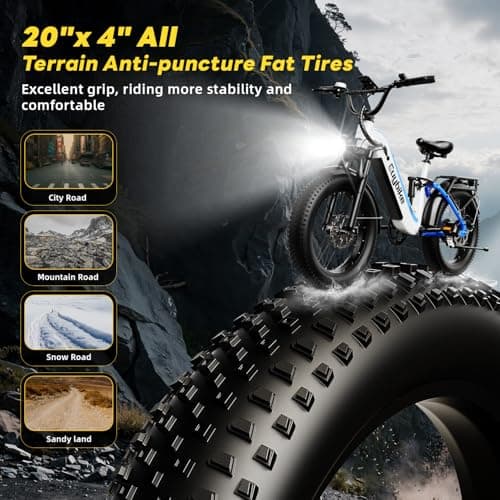 Electric Bike for Adults 1400W Peak, 48V 20AH(960WH) Removable Battery, 20"x4" Fat Tire Full Suspension 80 Miles Range Step-Thru 30+MPH Hunting Ebike, 7-Speed Dual Brakes Electric Bicycle White 6