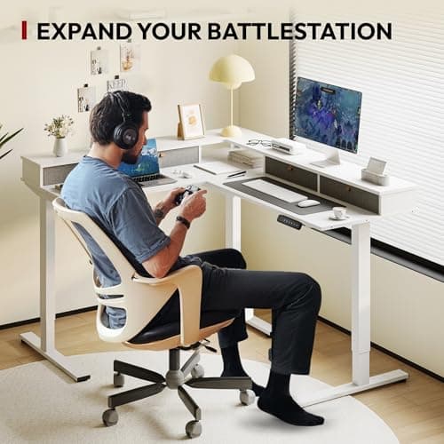 SANODESK 71" L Shaped Standing Desk with 4 Drawers, Height Adjustable Stand up Desk, Corner Gaming Desk with Monitor Stand, White Frame/White Top 5