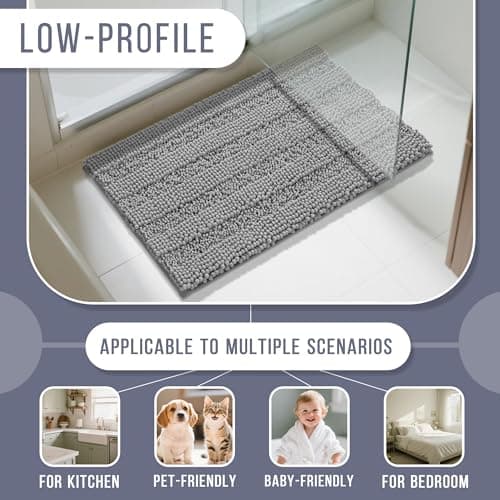 Yimobra Bathroom Rug Mat, Non Slip and Super Absorbent Bath Mat, Machine Washable Quick Dry, Ultra Plush Chenille Shower Rugs for Bathroom Floor Sink Tub and Shower Outside, Gray, 24 x 17 7