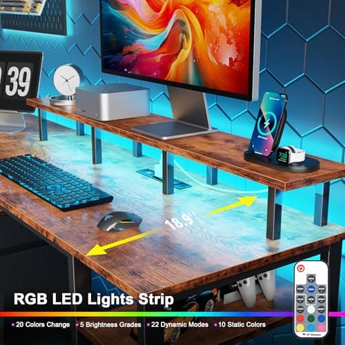 Furologee 61" Computer Desk with Power Outlet & LED Lights, Reversible Gaming Desk with File Cabinet & Monitor Stand for Home Office, Writing Study Table with Storage Shelves and Drawer, Rustic Brown 7