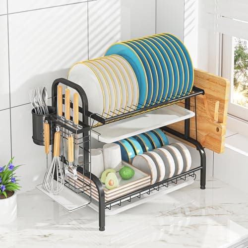 LEGUANG 2-Tier Stainless Steel Dish Drying Rack, Space-Saving Kitchen Organizer for in/Over Sink/Counter, with Removable Drain Tray & Cutlery Holder & Utensil Holder, Black 7