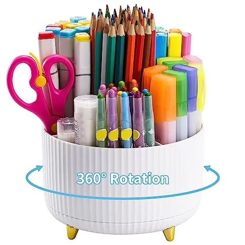 Marbrasse Desk Organizer, 360-Degree Rotating Pen Holder, Desk Organizers and Accessories with 5 Compartments Pencil Holder, Art Supply Storage Box Caddy for Office, Home(White)