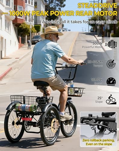 Skeri Electric Trike, 500W(Peak 1000W) Electric Tricycle for Adults, 20" Folding 3-Wheel Electric Bicycle, Step-Thru E Trike with 624WH Removable Battery and Large Basket, Black 6