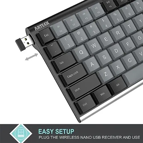 Arteck Mechanical 2.4G USB Wireless Performance Keyboard, Tacktile Quiet Brown Switches, Stainless Steel Low Profile for PC/Desktop/Laptop/TV and Windows 11/10 Built in Rechargeable Battery Black 5