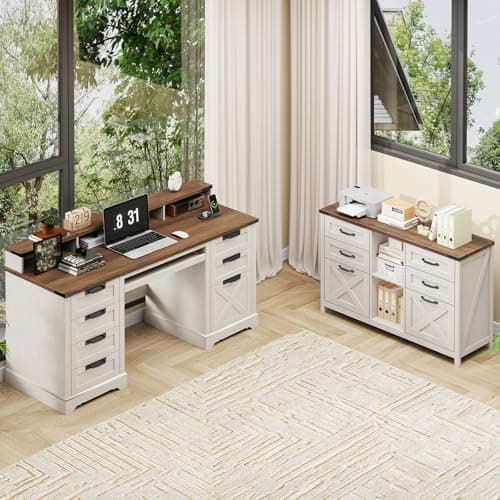 Lateral File Cabinet with 6 Drawers, Farmhouse Filing Cabinet for Letter/A4 Size, Wood File Storage Cabinets Printer Stand with Open Storage Adjustable Shelf for Home Office Cabinets, White and Brown 7