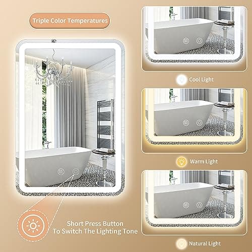 Vosuja 20x28inch LED Bathroom Mirror Rounded Corner Rectangle Frameless, 3 Colors Lighted & Stepless Dimmable Vanity-Mirror-with-Lights, Anti-Fog, Horizontal/Vertical Hanging Wall Mirror 5