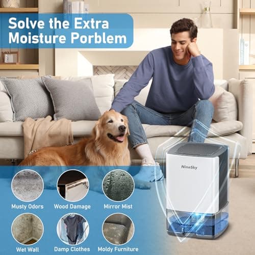 NineSky Dehumidifier for Home, 35oz Water Tank (300 sq.ft), Small Dehumidifiers for Bathroom, Bedroom, Basement with 7 Colorful Lights, Auto Shut Off, White Gray 6