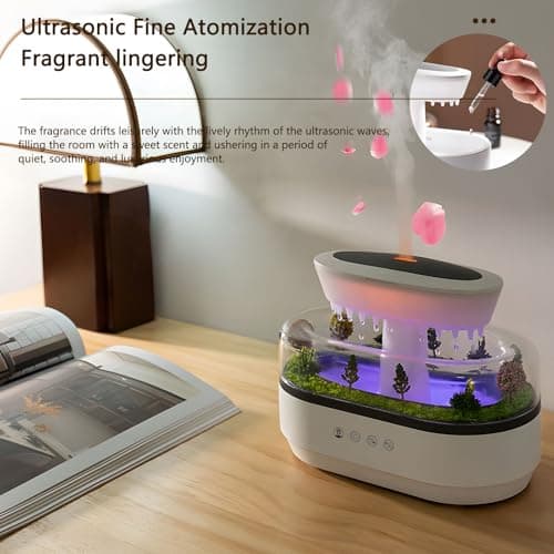 Holwim Essential Oil Flame Diffuser 250ml Cloud Rain Humidifier Water Drip Aromatherapy Diffuser Air Humidifier with 7 Colors Light, Micro Landscape, White Noise, Auto-Off for Home Office (White) 6