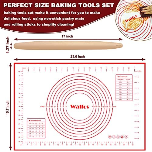 WALFOS French Rolling Pin and Silicone Baking Mat Set, Non-Stick Beech Wood Rolling Pin 17 Inch and Pastry Mat for Best Pie Crust, Cookie, Pasta and Pizza Dough 5