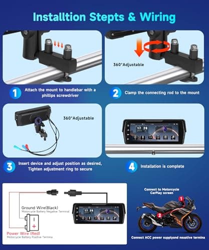 Motorcycle Front+Rear Dash Cam,6.86 inch IPS 1280x480P Touch Screen,1080P Motorcycle Camera DVR,Wireless Carplay&Android Auto,GPS,IP67 Waterproof,120°Wide,Bluetooth5.0,TF,PhoneLink for Motorbike 6