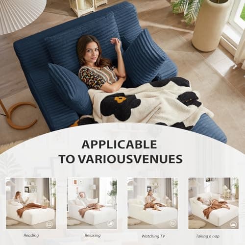 50 Inches Chaise Lounge Indoor, Oversized Chaise Lounge Chair with 3 Throw Pillows and Armrests, Corduroy Upholstered Plush Sofa Bed Lazy Chair Bed Sleeper Chair for Living Room Apartment (Blue) 6
