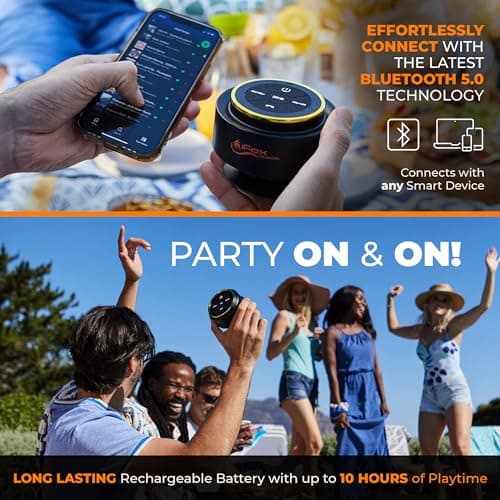 iFox Portable Bluetooth Shower Speaker, IPX7 Waterproof Outdoor Wireless Speaker, Built-in Mic, Carabiner, Beach, Camping, Hiking, Pool, Great Gift, Black/Gold 6