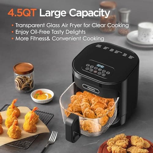 4.5QT Large Air Fryer – See-Through Glass Window, 360° Hot Air and Auto Shut-Off for Golden Glass Air Fryer, Crispy Food 5