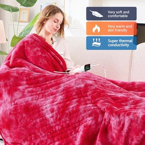 greenoak Heated Electric Blanket Throw, Faux Fur Sherpa Heating Blanket for Sofa Bed, Warm Winter Gifts for Mom/Grandma, Heater Lap Blankets 5-Position Timer &10 Heating Levels 50''*60" Red 6