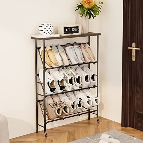 JZM Shoe Rack Storage, Narrow 4 Tier Metal Shoe Storage Shelf, Free Standing Shoe Racks, Space Saving Shoe Rack Organizer for Entryway, Hallway, Bedroom, Living Room(12-16 Pair)